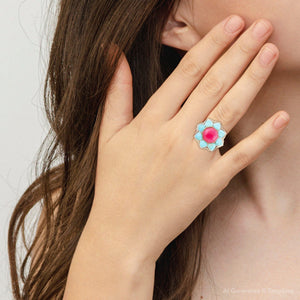 Blue Turquoise and Red Quartz Flower Golden Ring detail view by Barse Jewelry