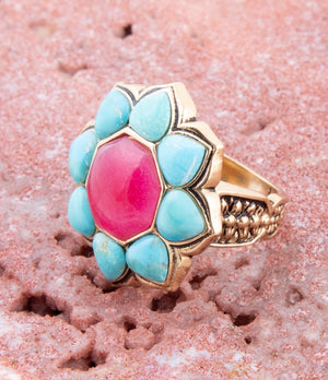 Blue Turquoise and Red Quartz Flower Golden Ring detail view by Barse Jewelry