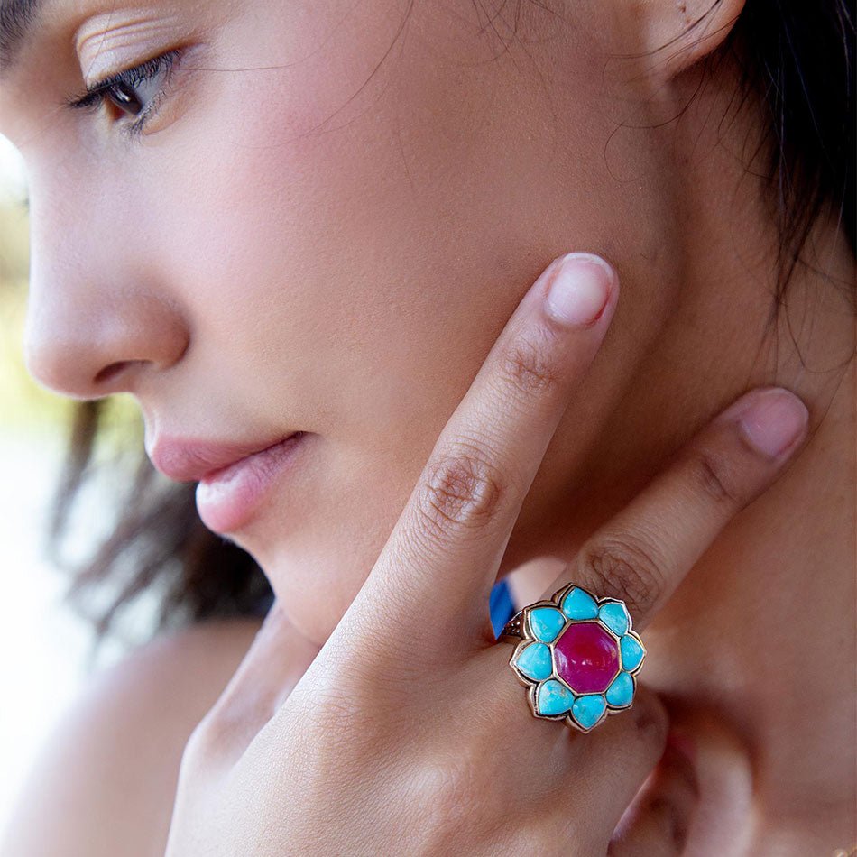 Blue Turquoise and Red Quartz Flower Golden Ring detail view by Barse Jewelry