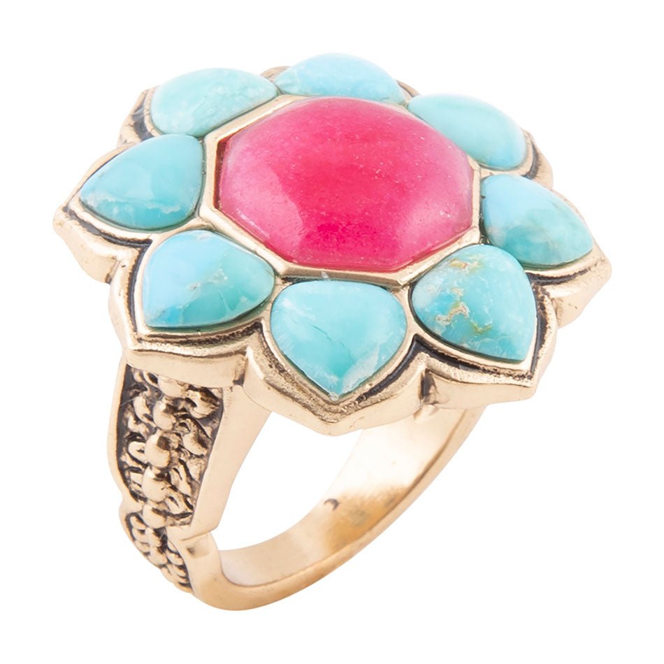 Blue Turquoise and Red Quartz Flower Golden Ring by Barse Jewelry