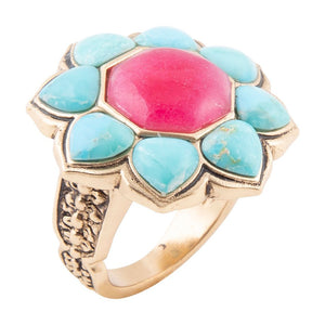 Blue Turquoise and Red Quartz Flower Golden Ring by Barse Jewelry