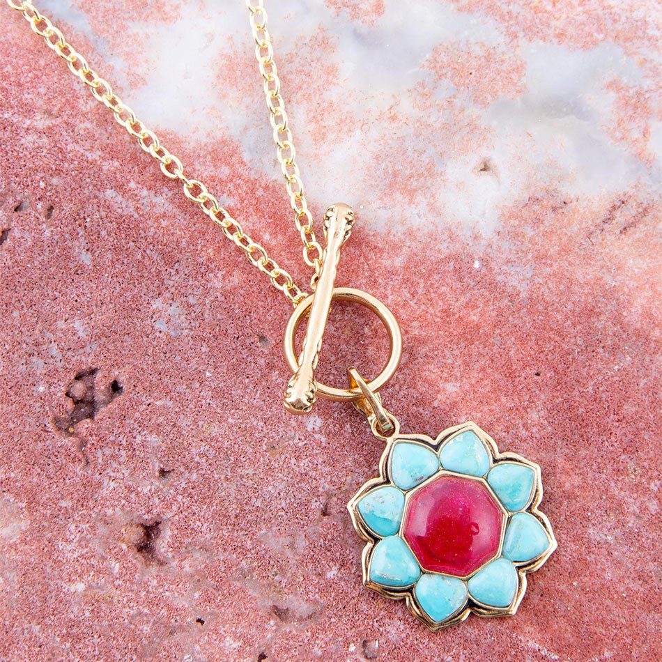 Blue Turquoise and Red Quartz Golden Chain Necklace detail view by Barse Jewelry