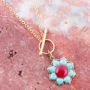 Blue Turquoise and Red Quartz Golden Chain Necklace detail view by Barse Jewelry