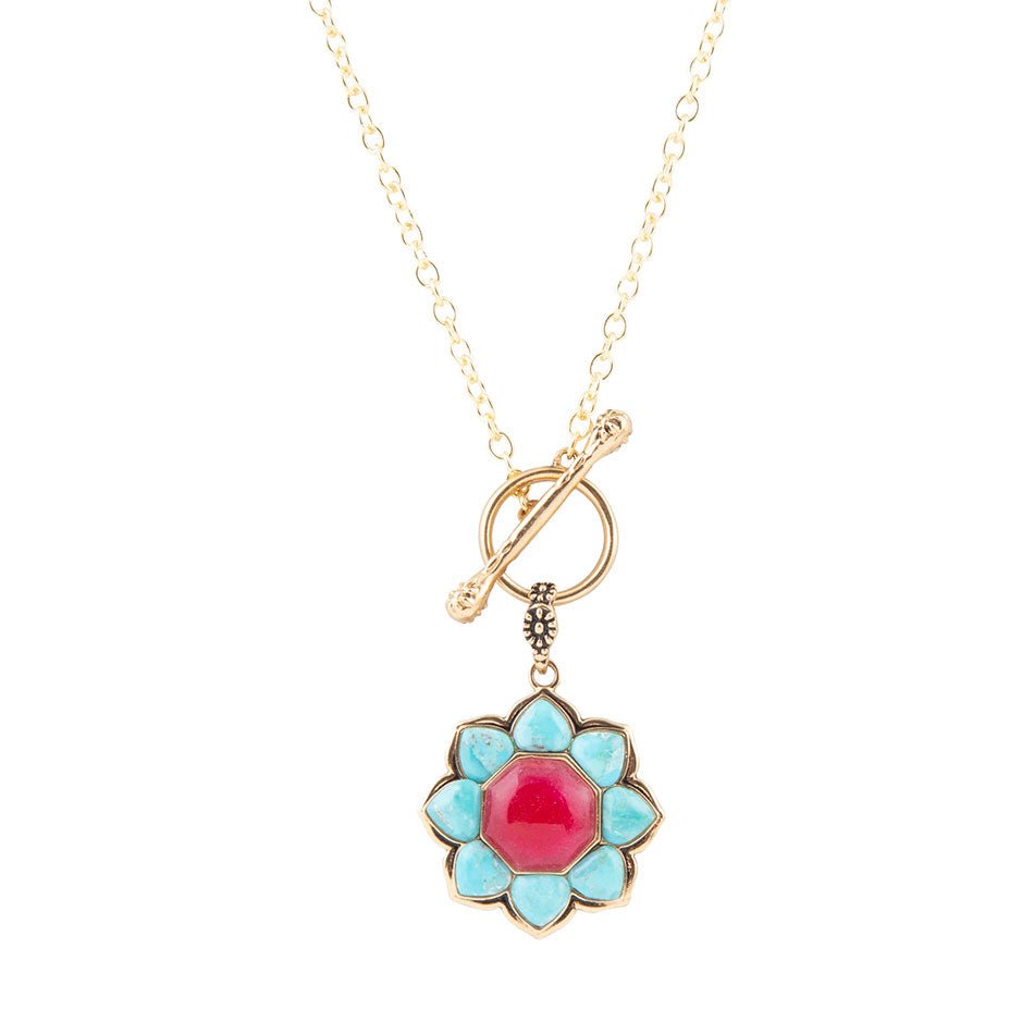 Blue Turquoise and Red Quartz Golden Chain Necklace by Barse Jewelry