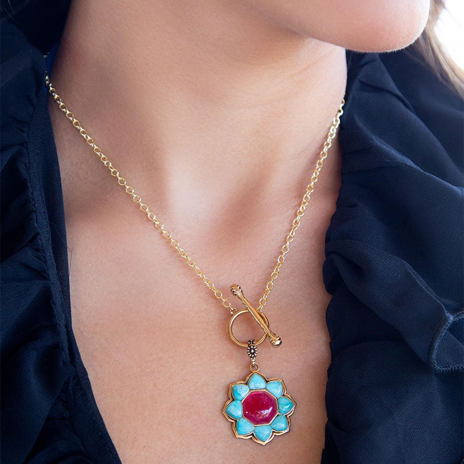 Blue Turquoise and Red Quartz Golden Chain Necklace detail view by Barse Jewelry