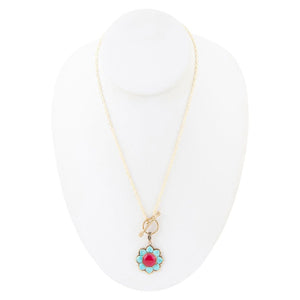 Blue Turquoise and Red Quartz Golden Chain Necklace detail view by Barse Jewelry