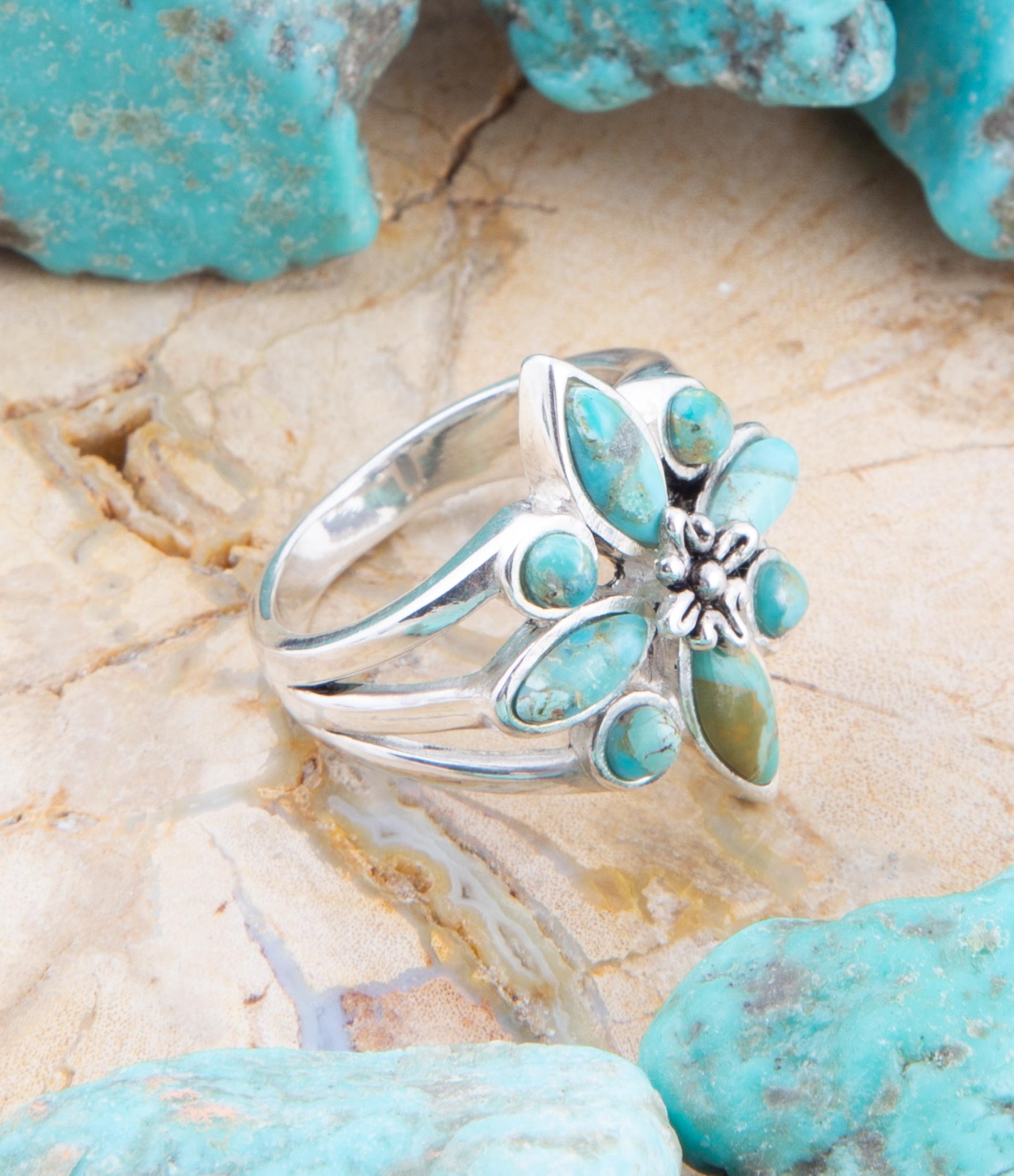 Floral Blue Turquoise and Sterling Silver Statement Ring detail view by Barse Jewelry