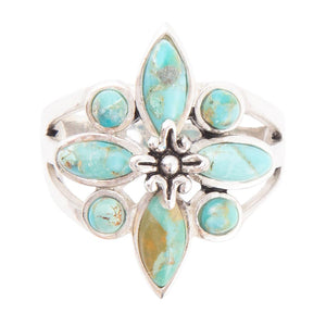 Floral Blue Turquoise and Sterling Silver Statement Ring detail view by Barse Jewelry