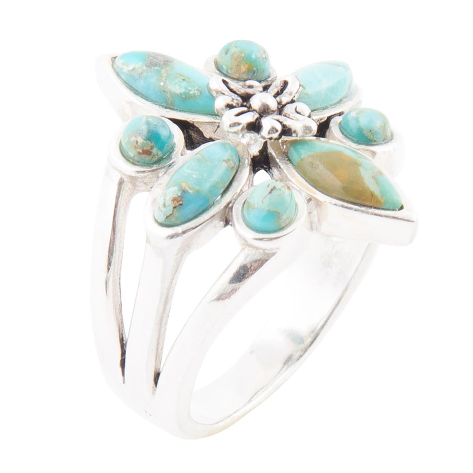 Floral Blue Turquoise and Sterling Silver Statement Ring by Barse Jewelry
