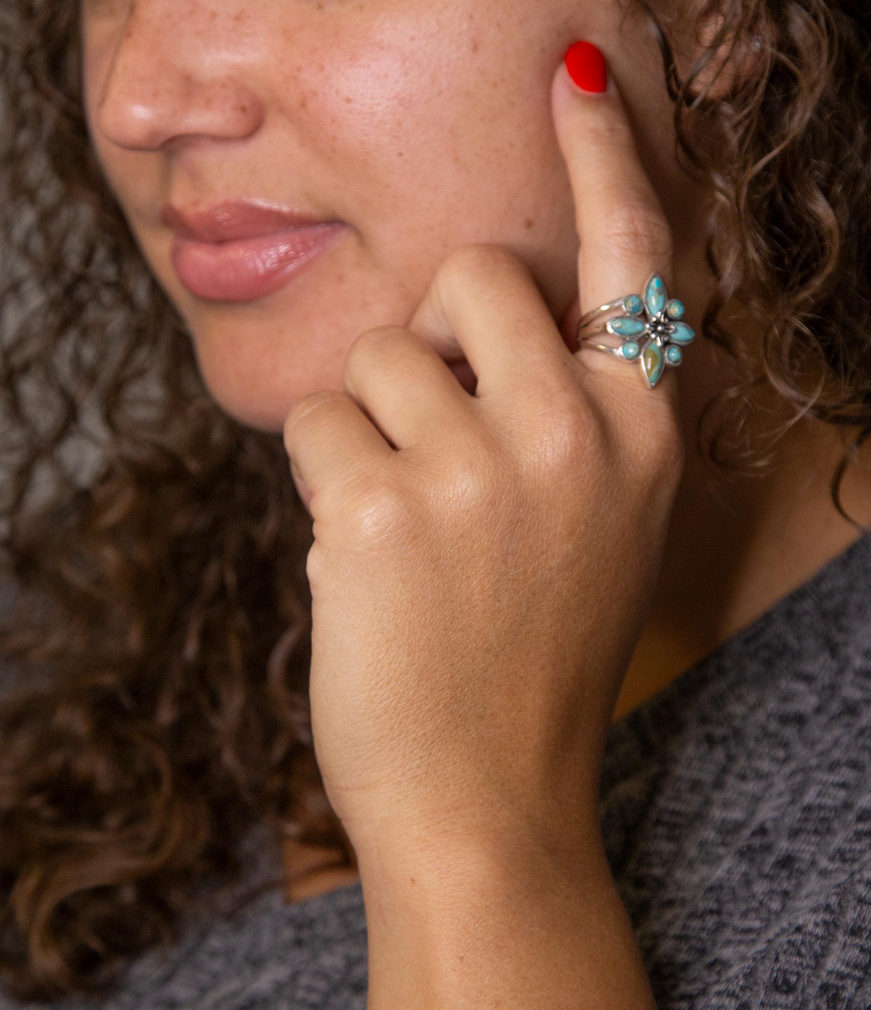 Floral Blue Turquoise and Sterling Silver Statement Ring detail view by Barse Jewelry