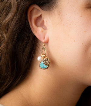 Blue Turquoise and White Pearl Multi Charm Golden Charm Earrings detail view by Barse Jewelry