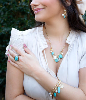 Blue Turquoise and White Pearl Multi Charm Golden Charm Earrings detail view by Barse Jewelry
