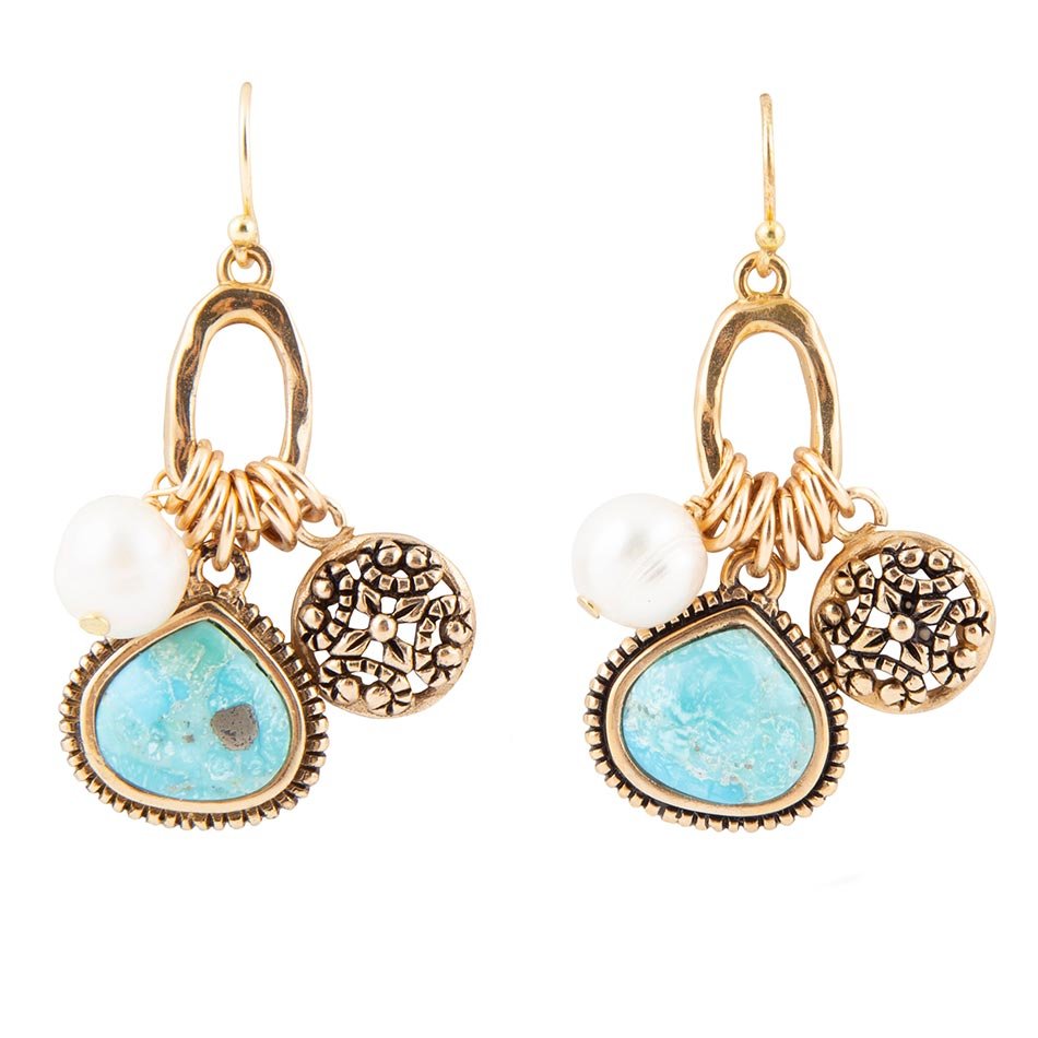 Blue Turquoise and White Pearl Multi Charm Golden Charm Earrings by Barse Jewelry