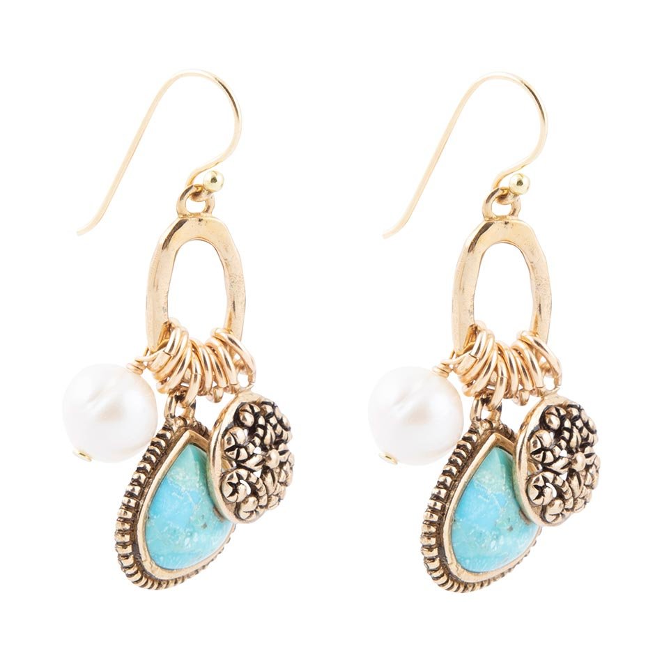 Blue Turquoise and White Pearl Multi Charm Golden Charm Earrings detail view by Barse Jewelry