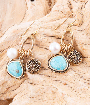 Blue Turquoise and White Pearl Multi Charm Golden Charm Earrings detail view by Barse Jewelry