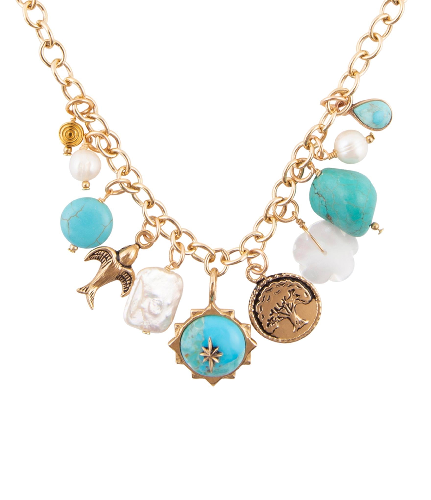 Blue Turquoise and White Pearl Multi Charm Golden Necklace by Barse Jewelry