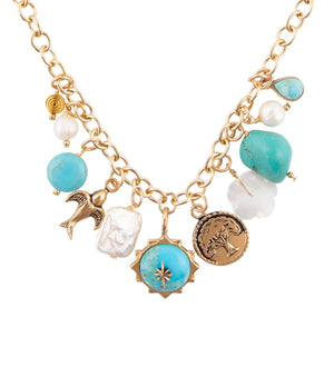 Blue Turquoise and White Pearl Multi Charm Golden Necklace by Barse Jewelry