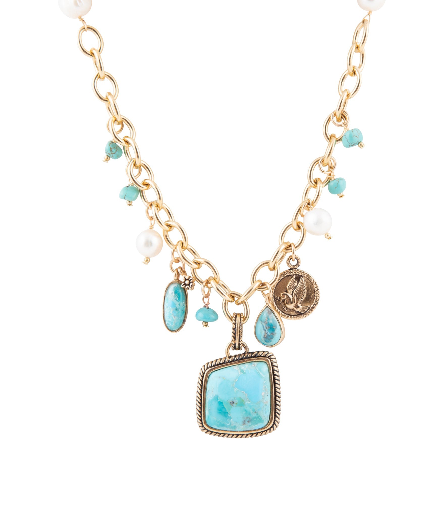 Blue Turquoise and White Pearl Multi Pendant Golden Necklace by Barse Jewelry
