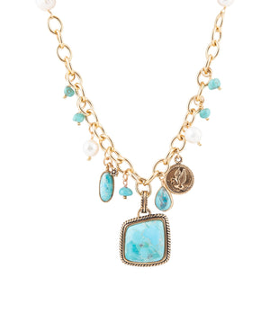 Blue Turquoise and White Pearl Multi Pendant Golden Necklace by Barse Jewelry