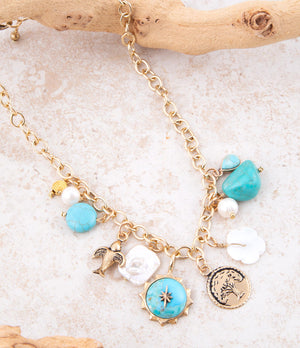 Blue Turquoise and White Pearl Multi Charm Golden Necklace detail view by Barse Jewelry