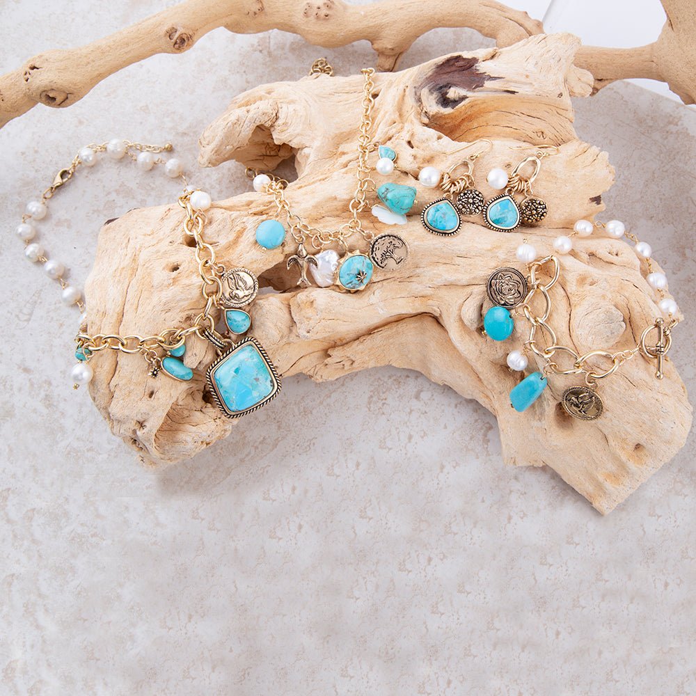Blue Turquoise and White Pearl Multi Pendant Golden Necklace detail view by Barse Jewelry