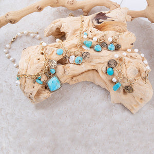 Blue Turquoise and White Pearl Multi Pendant Golden Necklace detail view by Barse Jewelry