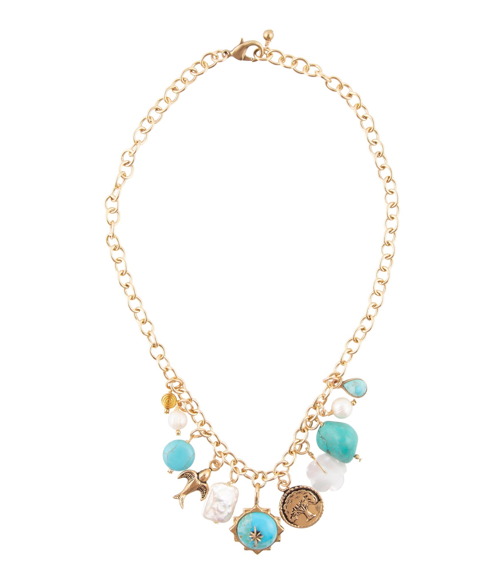 Blue Turquoise and White Pearl Multi Charm Golden Necklace detail view by Barse Jewelry