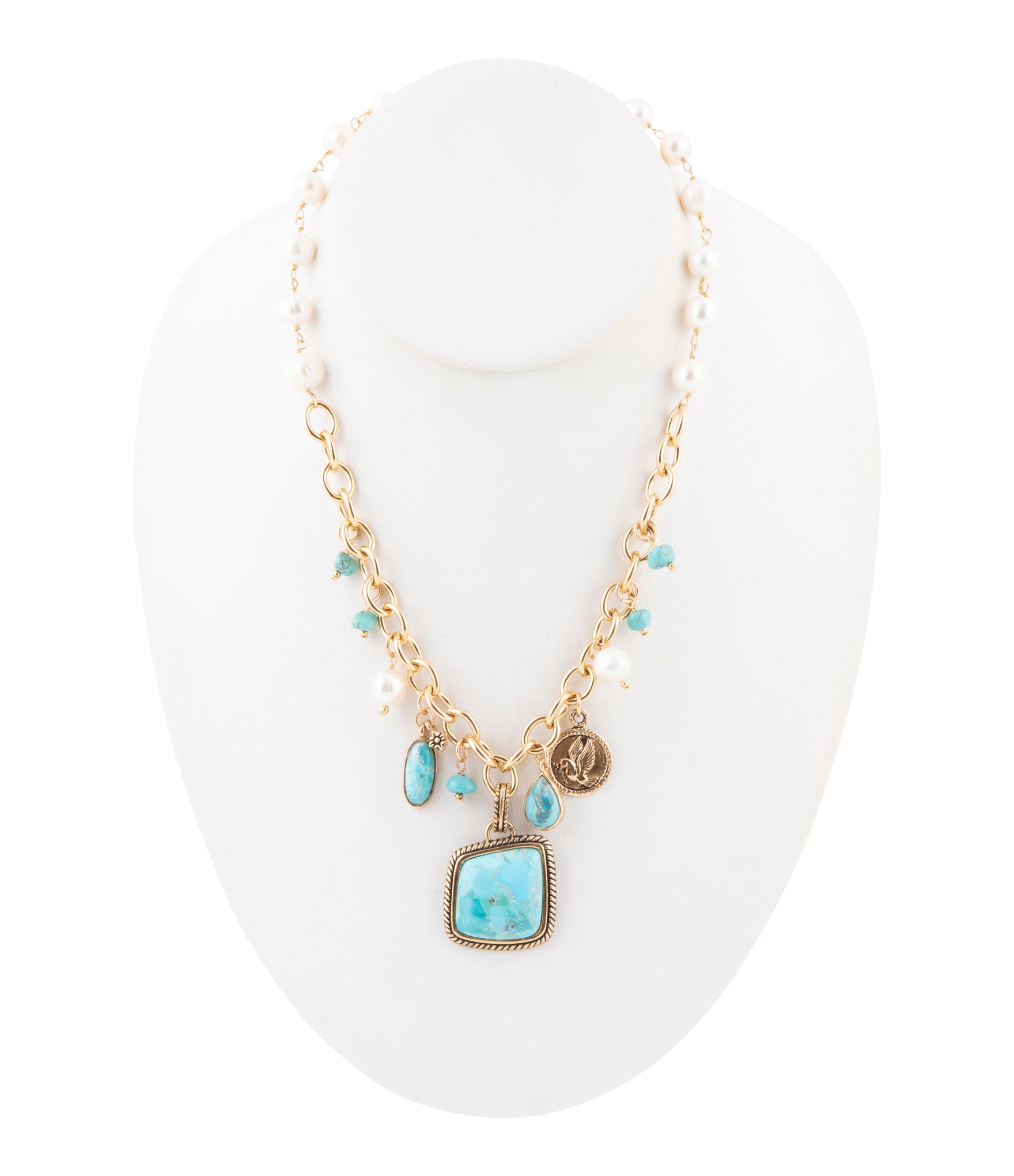 Blue Turquoise and White Pearl Multi Pendant Golden Necklace detail view by Barse Jewelry