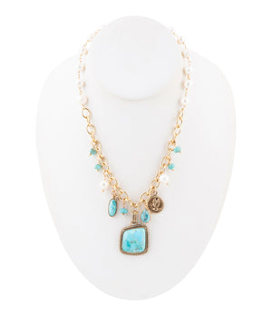 Blue Turquoise and White Pearl Multi Pendant Golden Necklace detail view by Barse Jewelry
