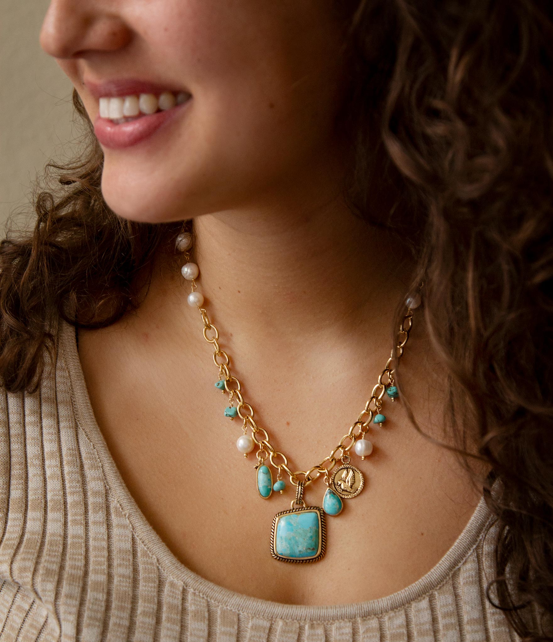 Blue Turquoise and White Pearl Multi Pendant Golden Necklace detail view by Barse Jewelry
