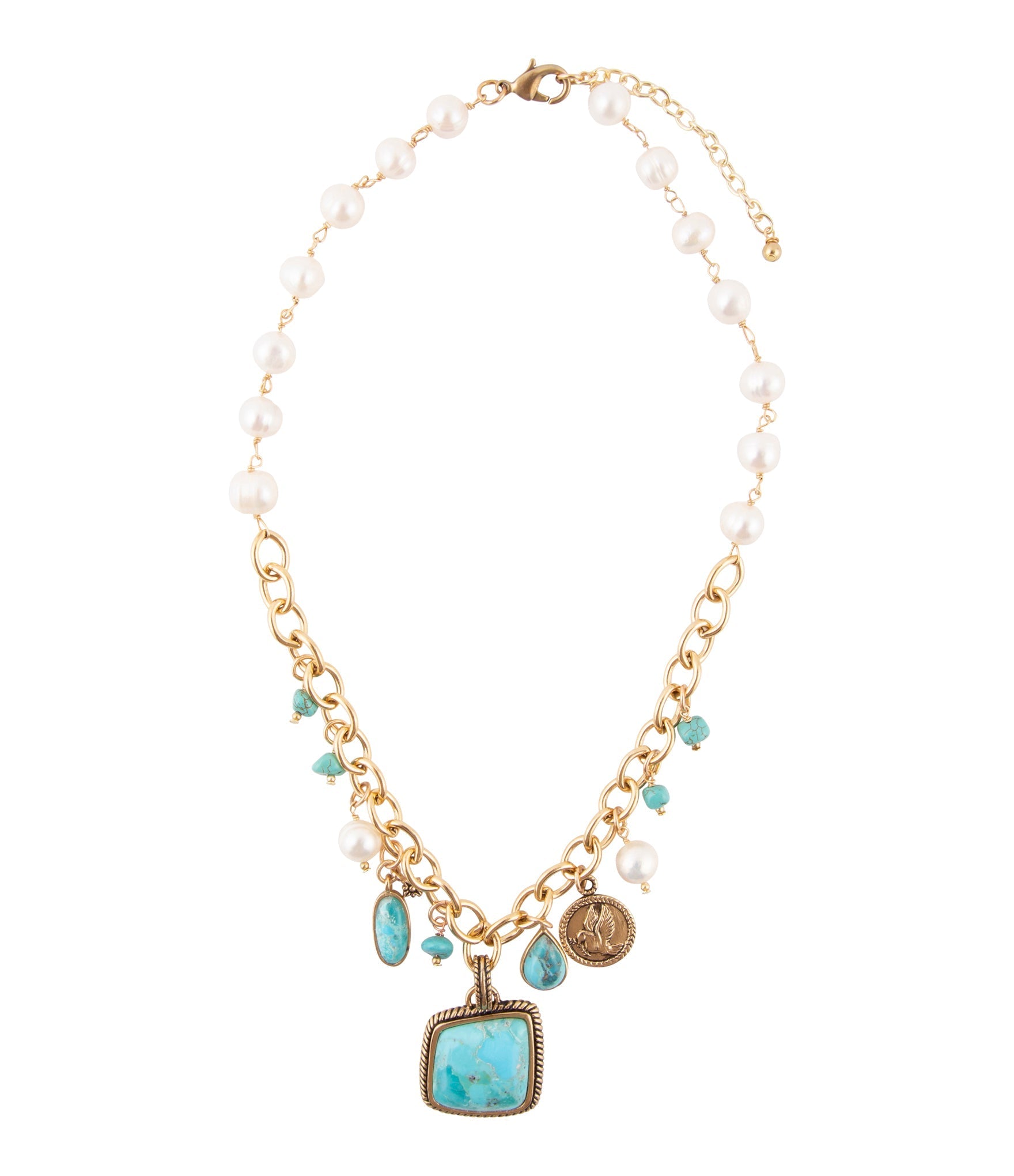 Blue Turquoise and White Pearl Multi Pendant Golden Necklace detail view by Barse Jewelry