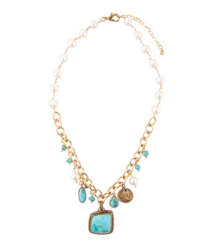 Blue Turquoise and White Pearl Multi Pendant Golden Necklace detail view by Barse Jewelry