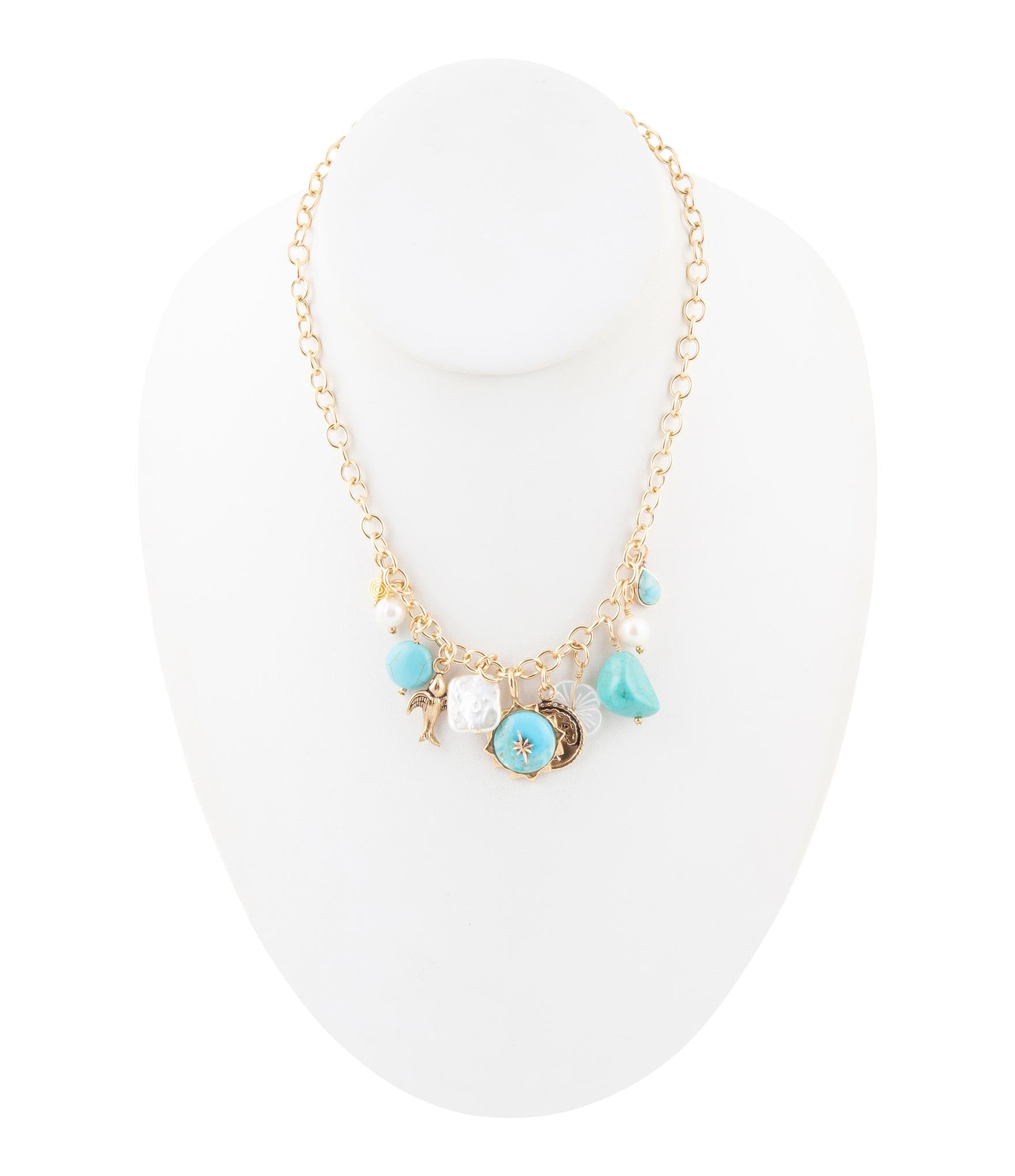 Blue Turquoise and White Pearl Multi Charm Golden Necklace detail view by Barse Jewelry