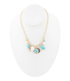Blue Turquoise and White Pearl Multi Charm Golden Necklace detail view by Barse Jewelry