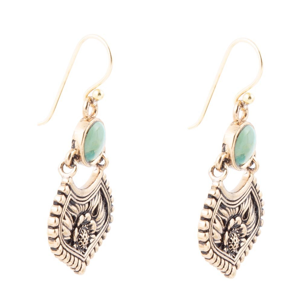 Blue Turquoise Flourish Golden Drop Earrings detail view by Barse Jewelry