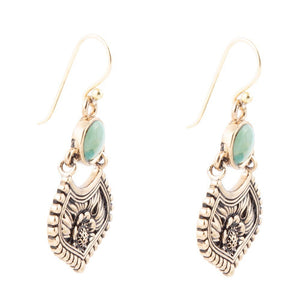 Blue Turquoise Flourish Golden Drop Earrings detail view by Barse Jewelry