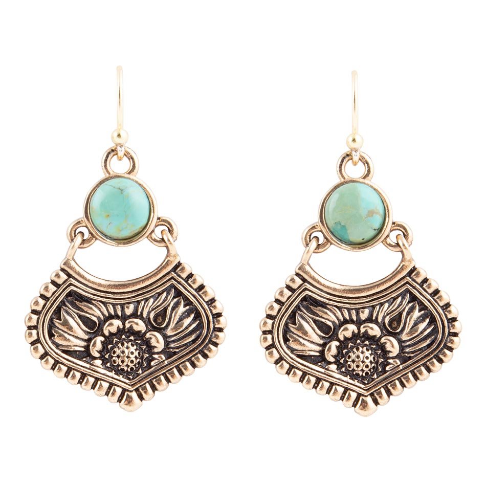 Blue Turquoise Flourish Golden Drop Earrings by Barse Jewelry