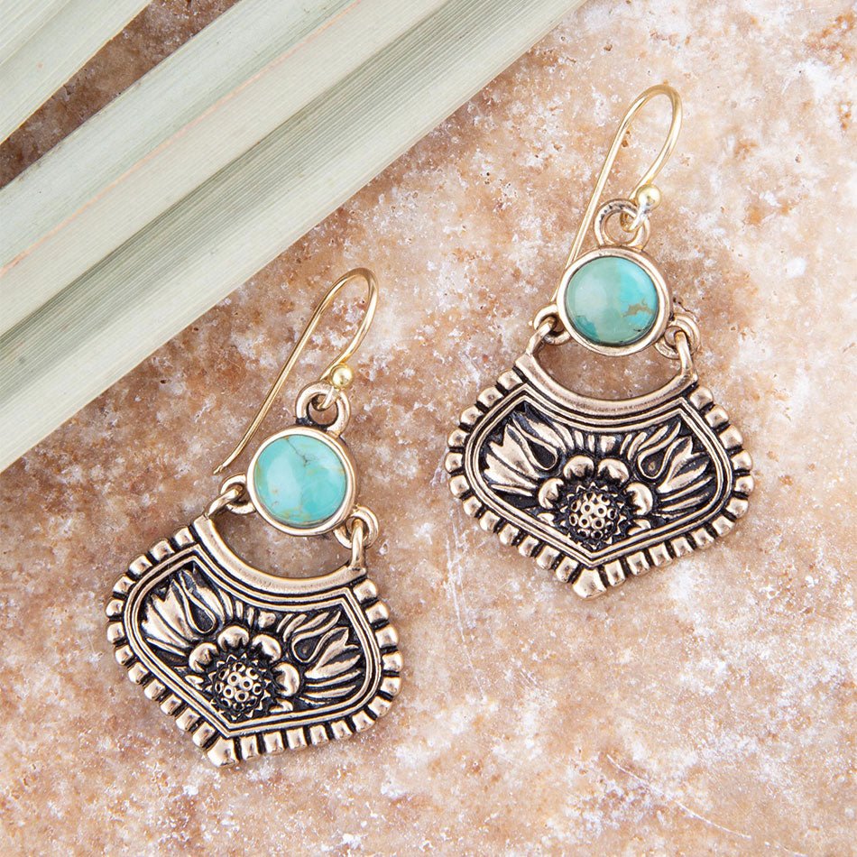 Blue Turquoise Flourish Golden Drop Earrings detail view by Barse Jewelry