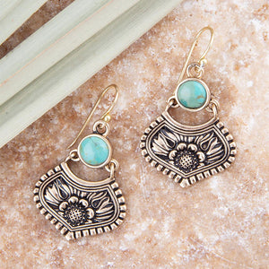 Blue Turquoise Flourish Golden Drop Earrings detail view by Barse Jewelry