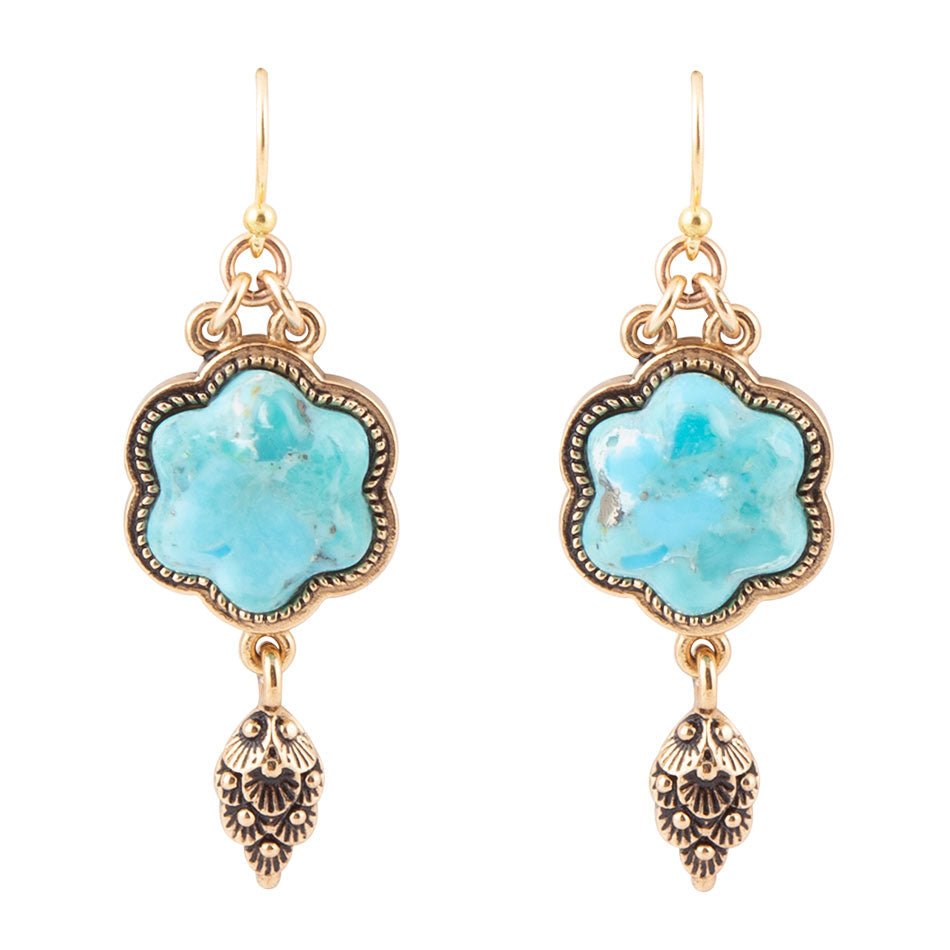 Blue Turquoise Flower Golden Drop Earrings by Barse Jewelry