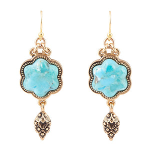 Blue Turquoise Flower Golden Drop Earrings by Barse Jewelry