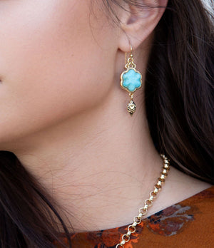 Blue Turquoise Flower Golden Drop Earrings detail view by Barse Jewelry