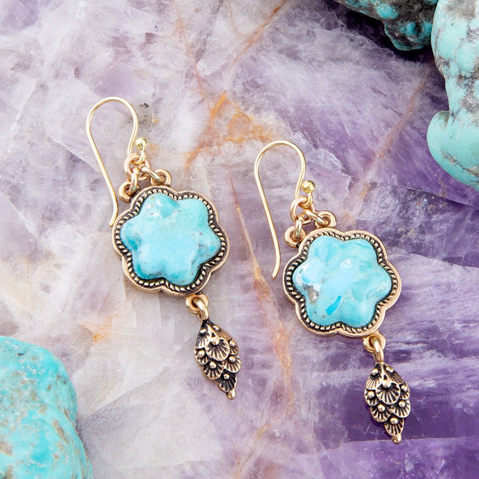 Blue Turquoise Flower Golden Drop Earrings detail view by Barse Jewelry
