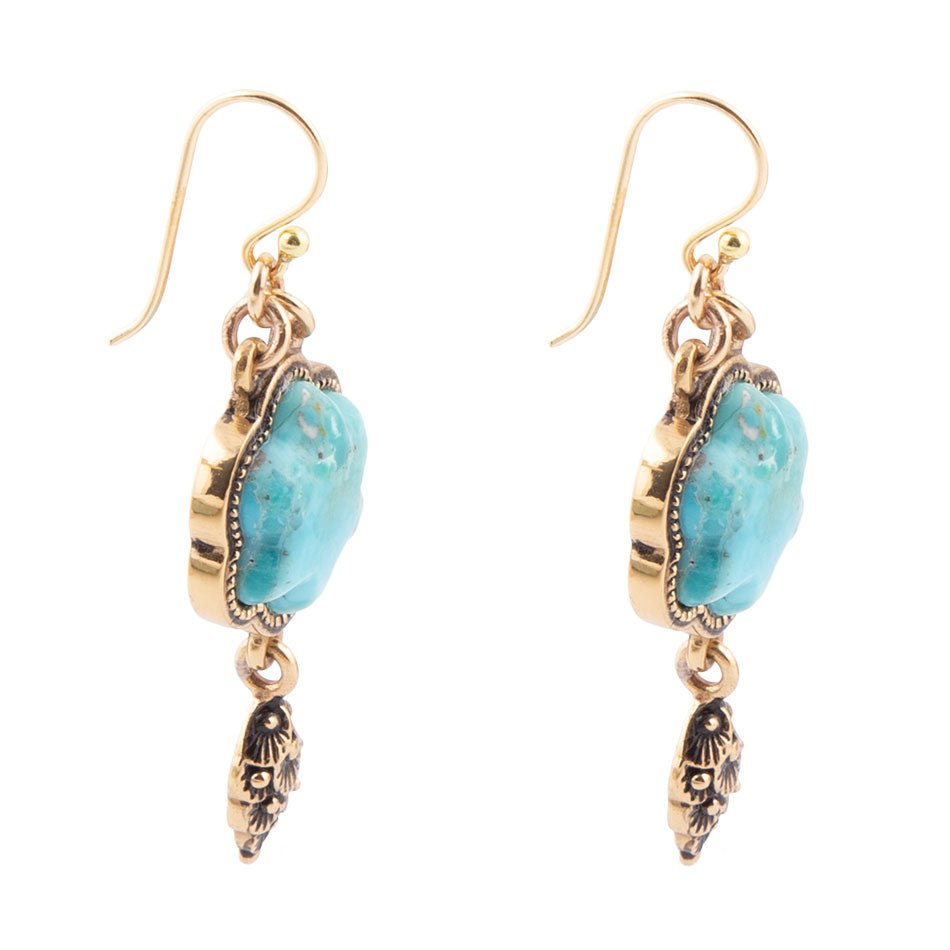 Blue Turquoise Flower Golden Drop Earrings detail view by Barse Jewelry