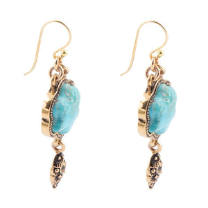 Blue Turquoise Flower Golden Drop Earrings detail view by Barse Jewelry