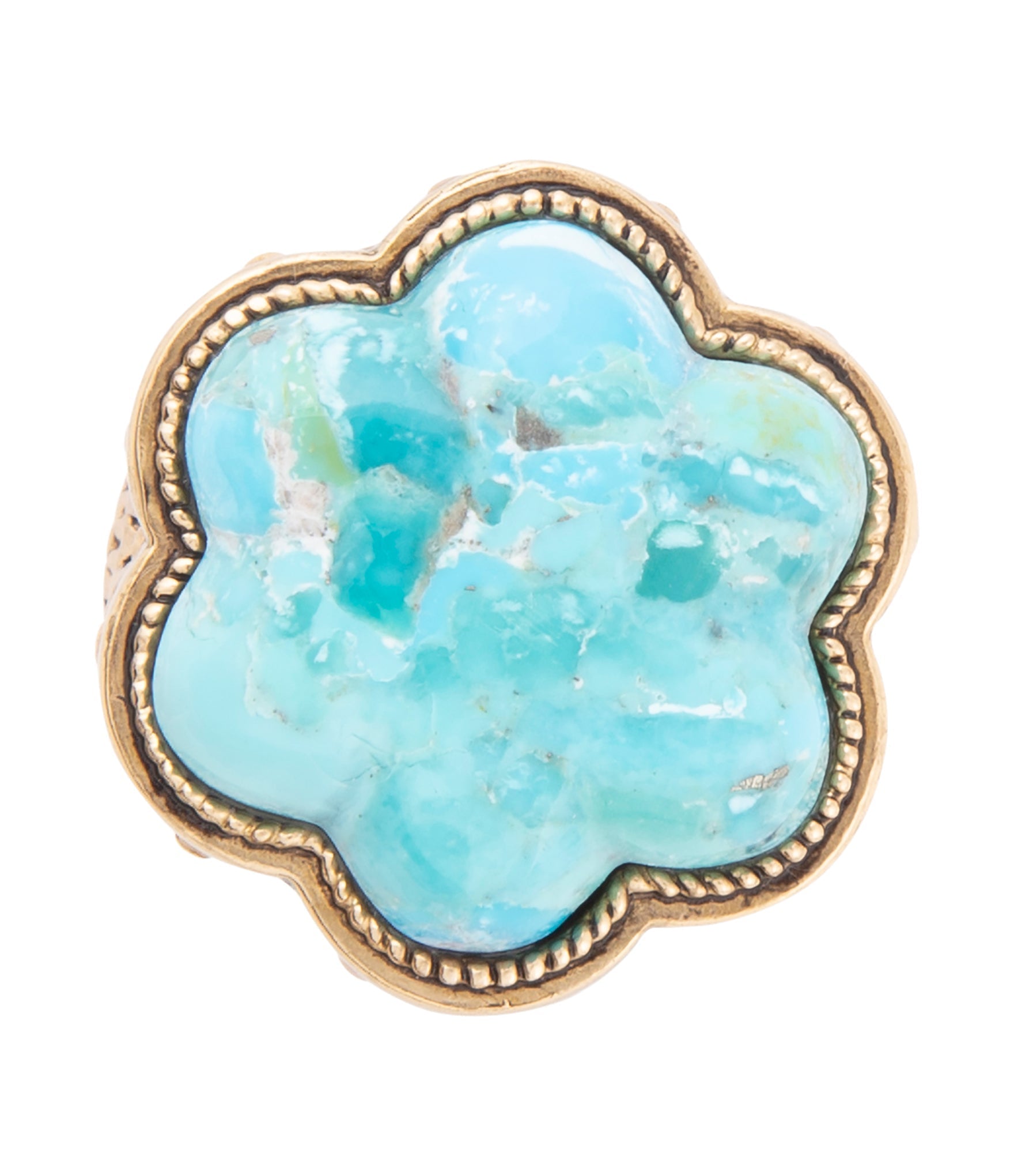 Blue Turquoise Flower Golden Ring detail view by Barse Jewelry