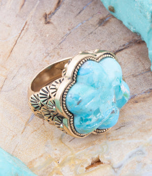 Blue Turquoise Flower Golden Ring detail view by Barse Jewelry