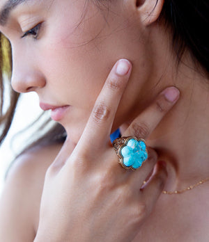 Blue Turquoise Flower Golden Ring detail view by Barse Jewelry