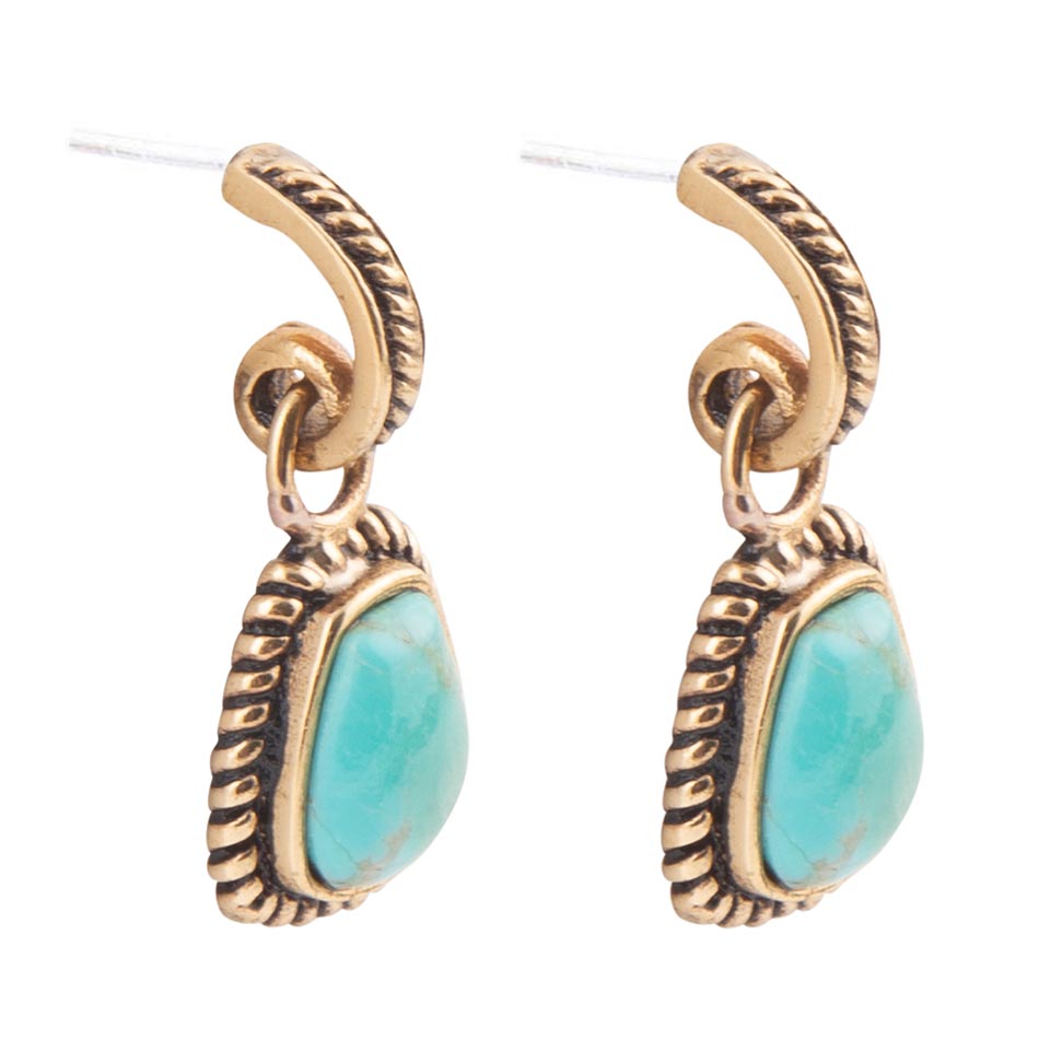 Blue Turquoise Golden Roped Earrings detail view by Barse Jewelry