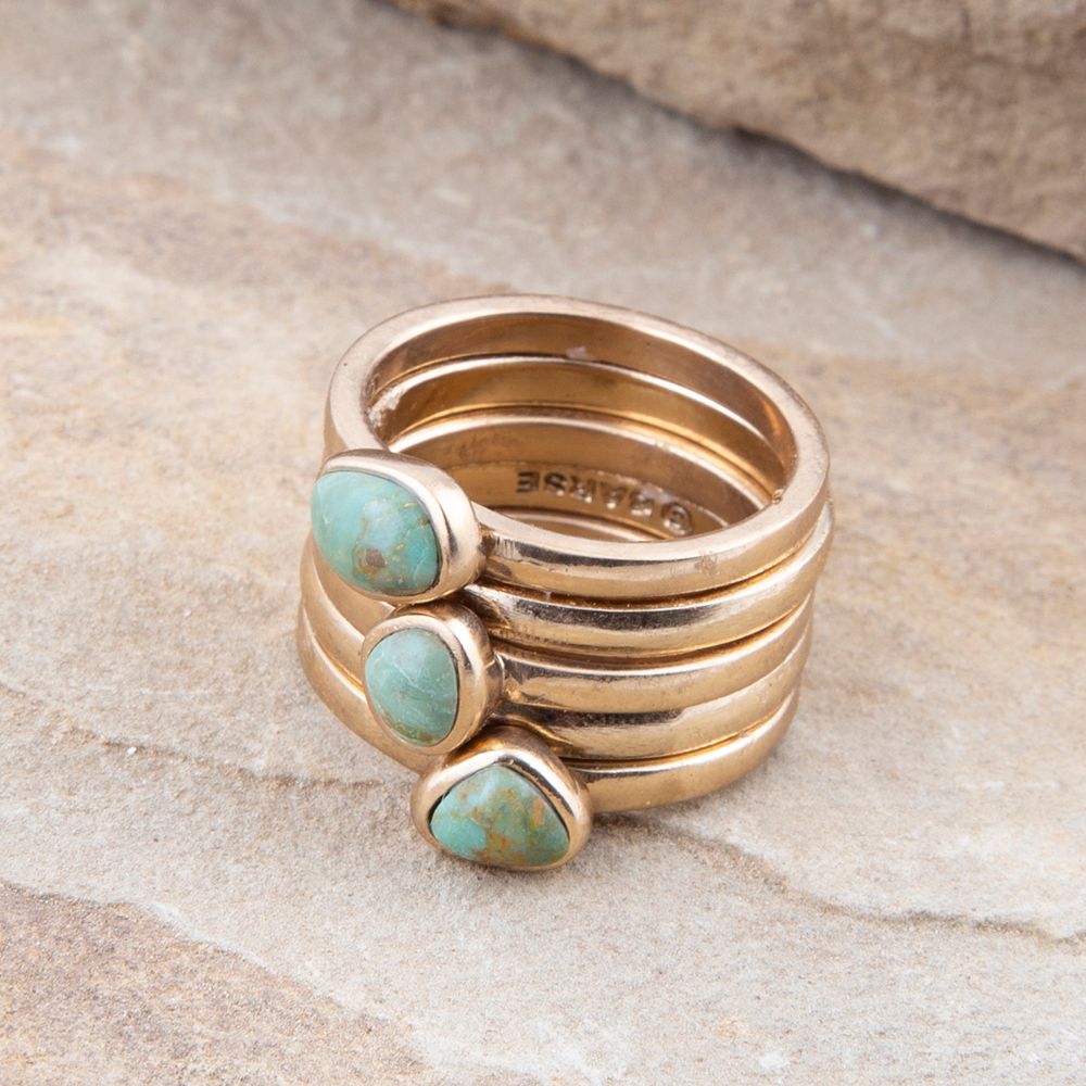Blue Turquoise Golden Stacking Ring Set detail view by Barse Jewelry